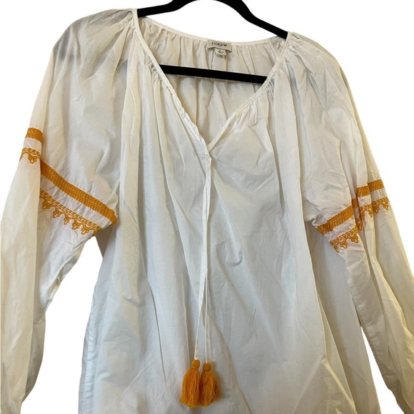 J. Crew Yellow Embroidered White Cotton Peasant Top w/ Tassel Tie Neck - Picture 2 of 5